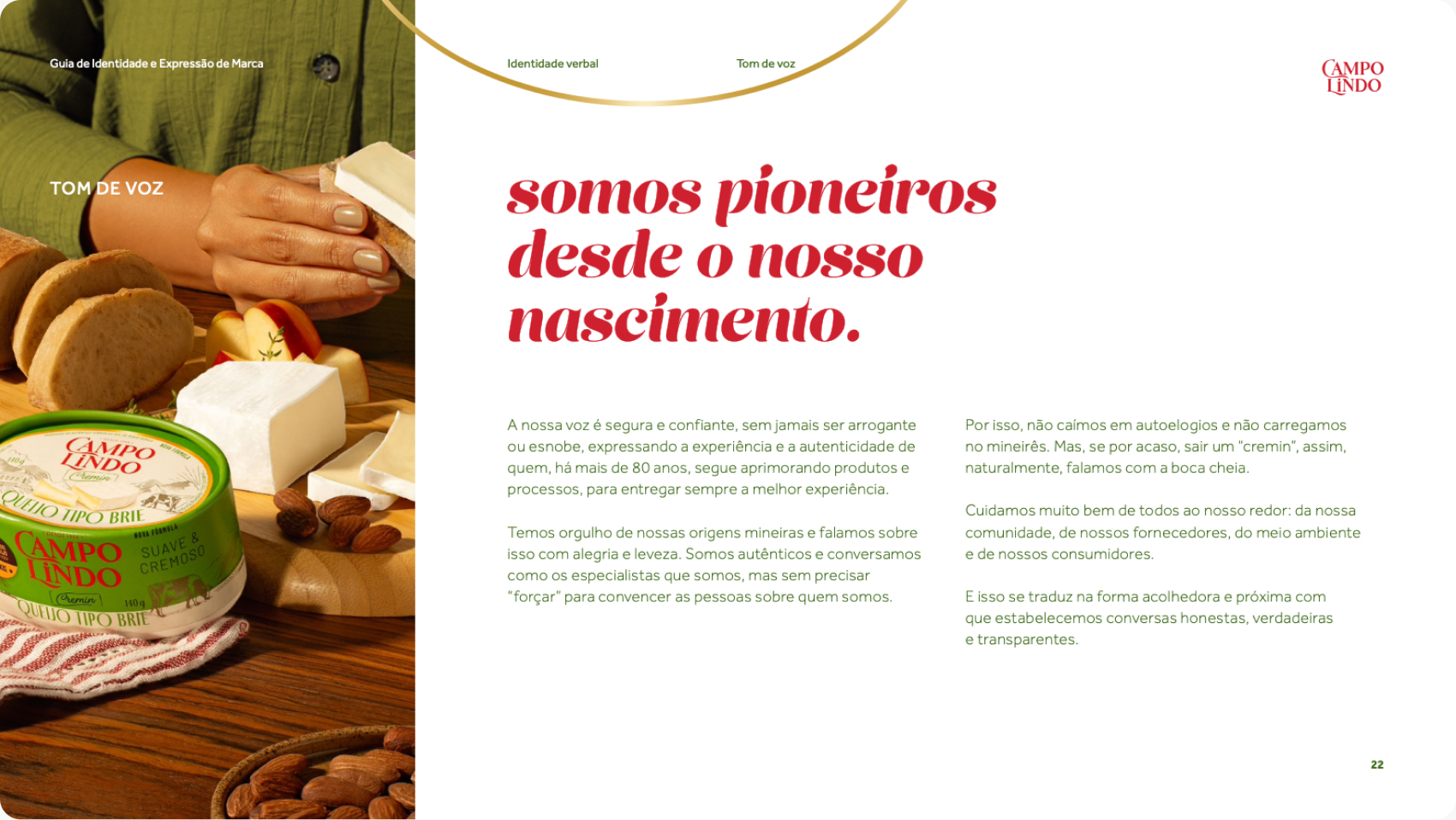 Página Somos pioneiros desde o nosso nascimento, do guia Campo Lindo, com queijos à mesa