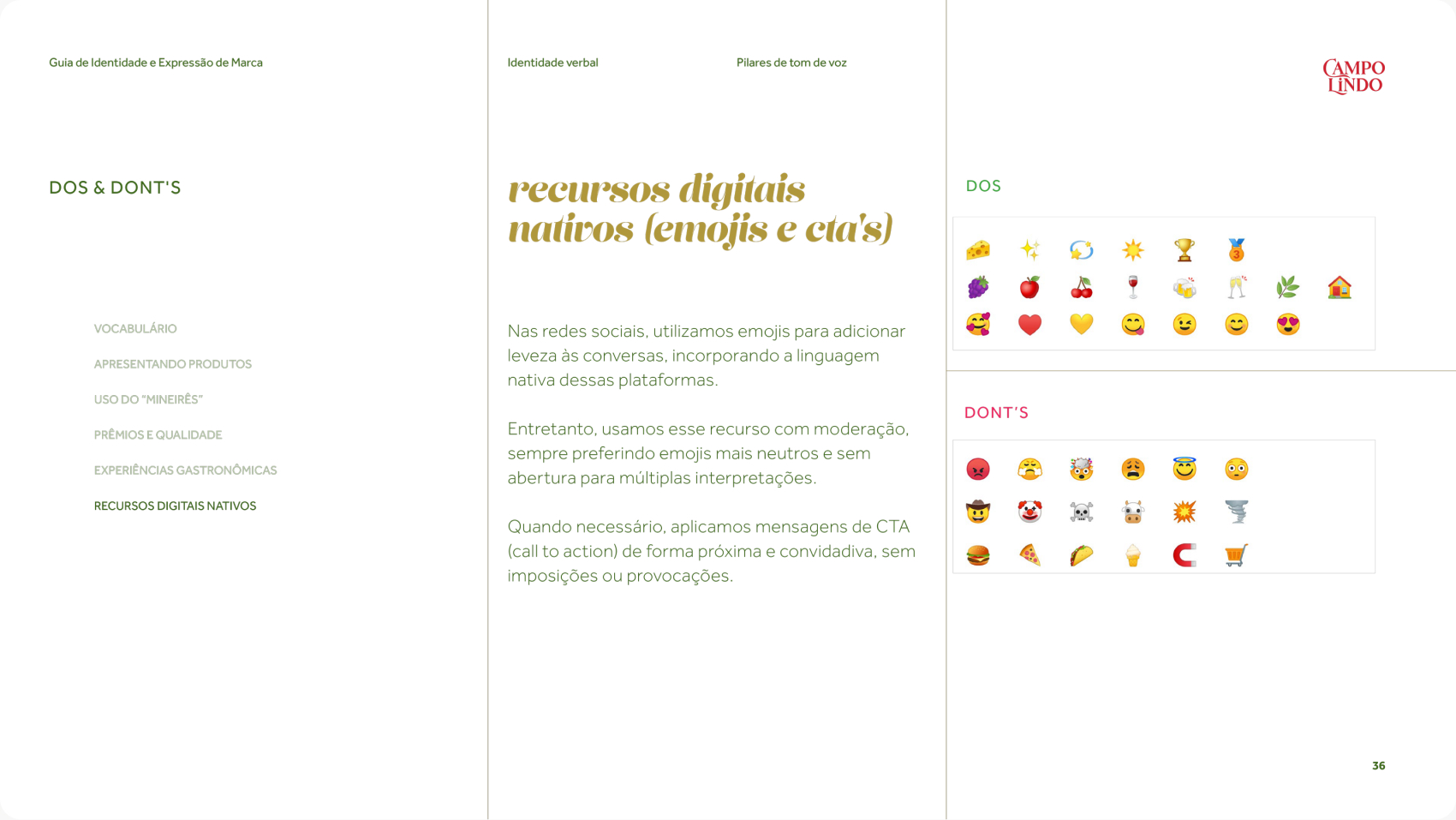 Página do guia Campo Lindo sobre recursos digitais nativos, com emojis e gifs da marca