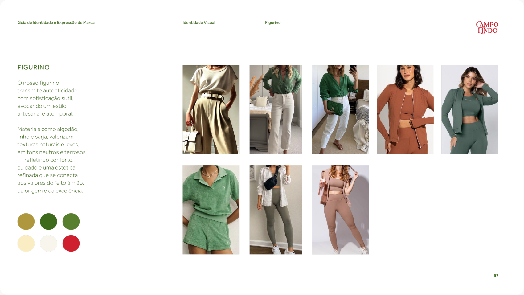 Página do guia Campo Lindo sobre figurino, com looks em verde, terracota e cinza e a paleta correspondente