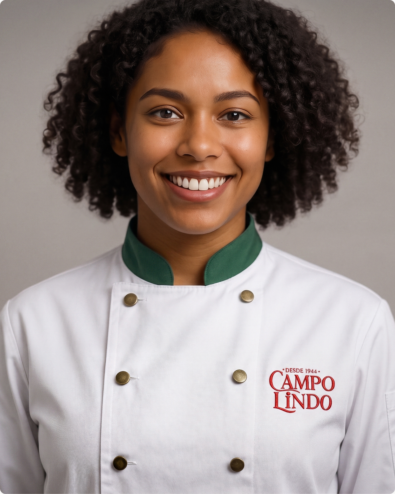 Chef sorridente com dólmã branco bordado com a marca Campo Lindo