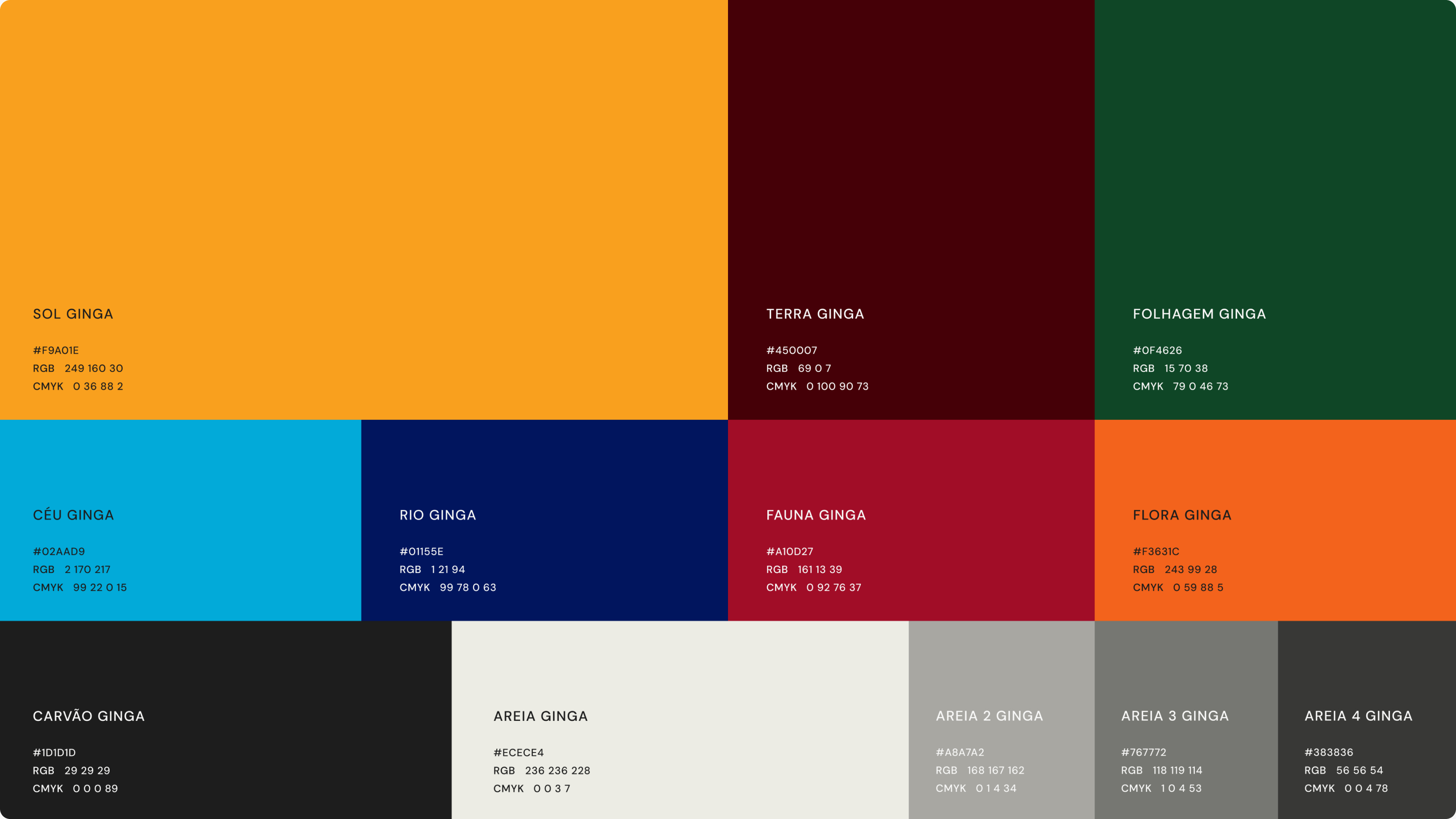 Paleta de cores da GINGA: amarelo, vinho, verde, azuis, vermelho, laranja e neutros