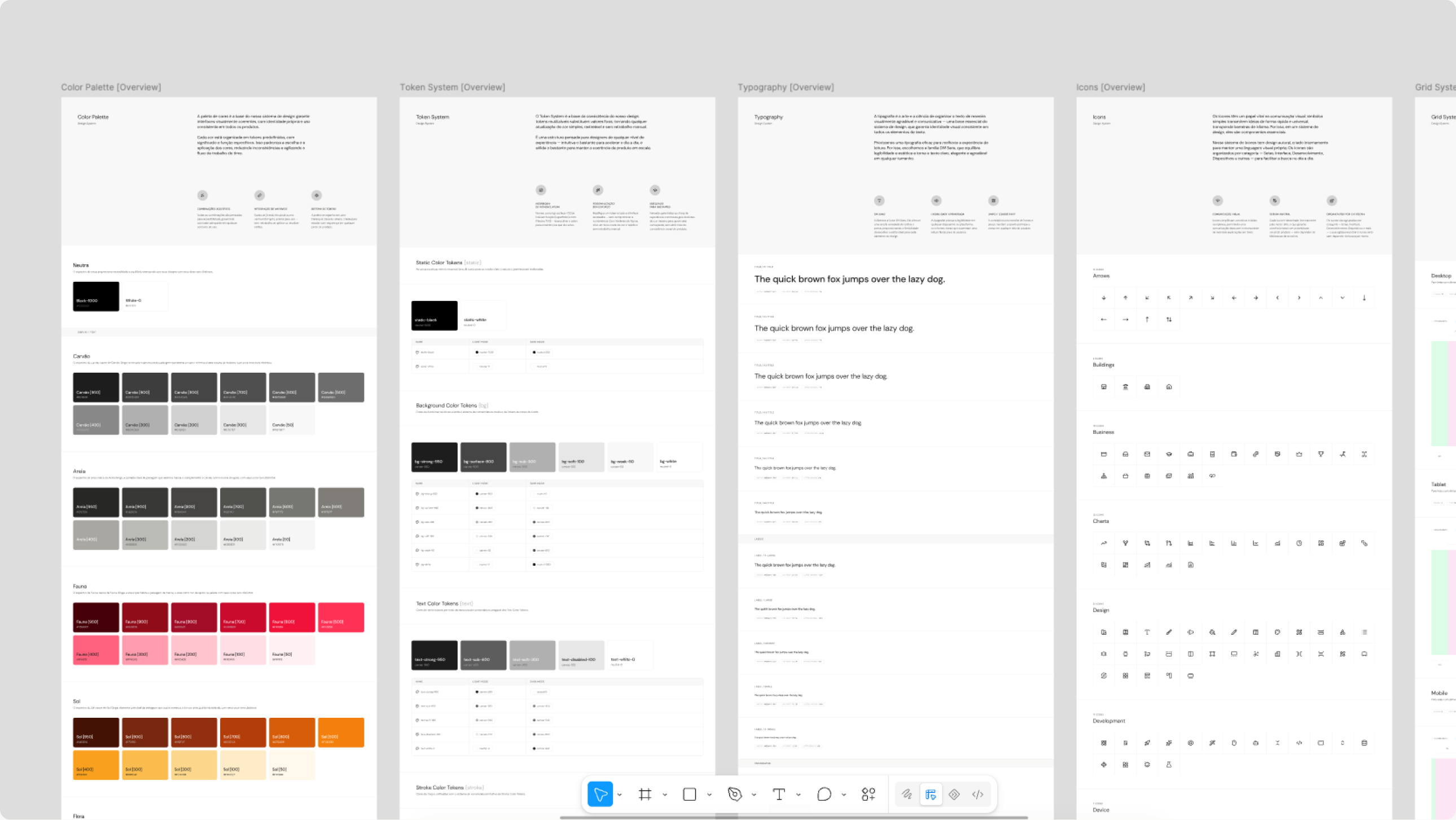 Páginas do design system do site GINGA com escalas de cor e componentes