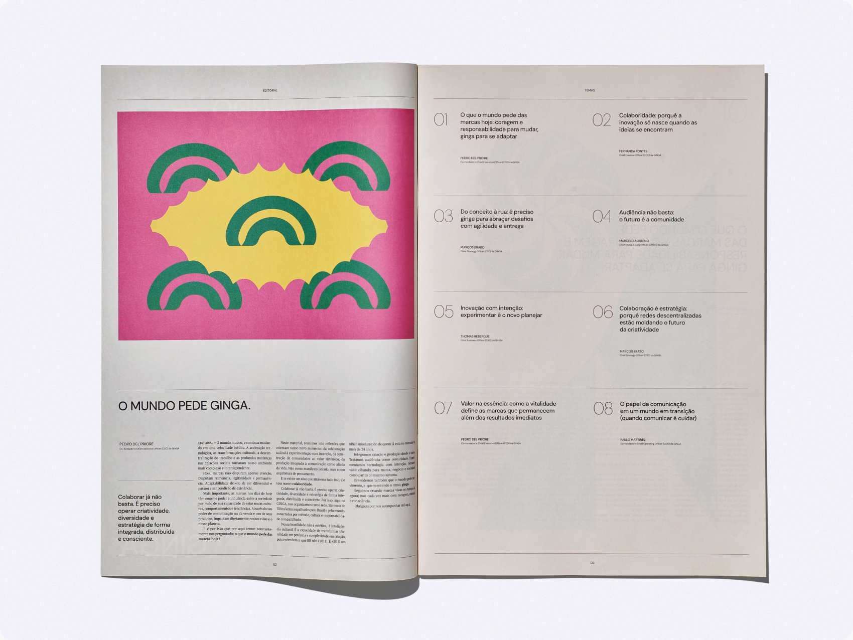 Páginas internas do GINGA Journal com ilustração colorida de arcos e texto em colunas
