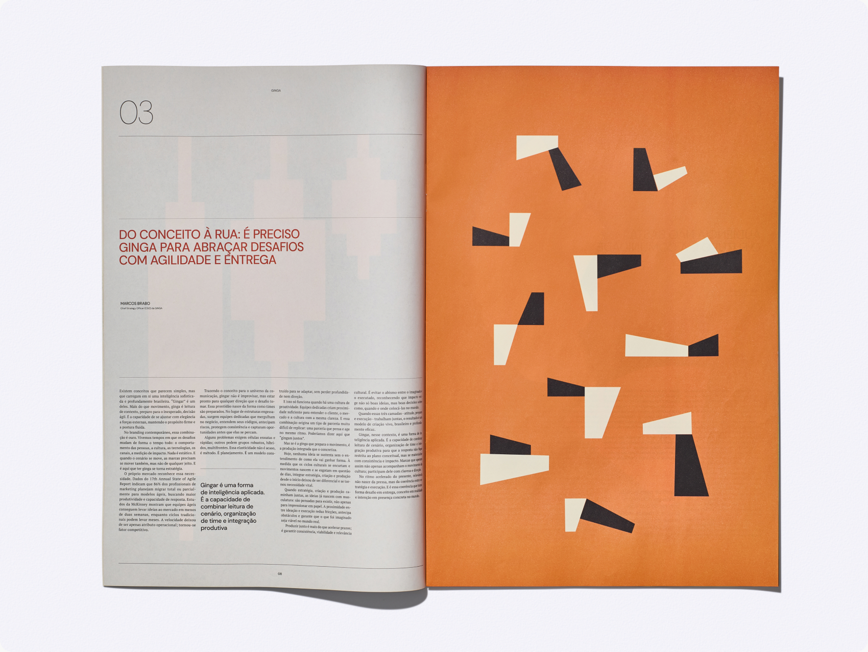 Páginas do GINGA Journal com fragmentos pretos e brancos sobre fundo laranja