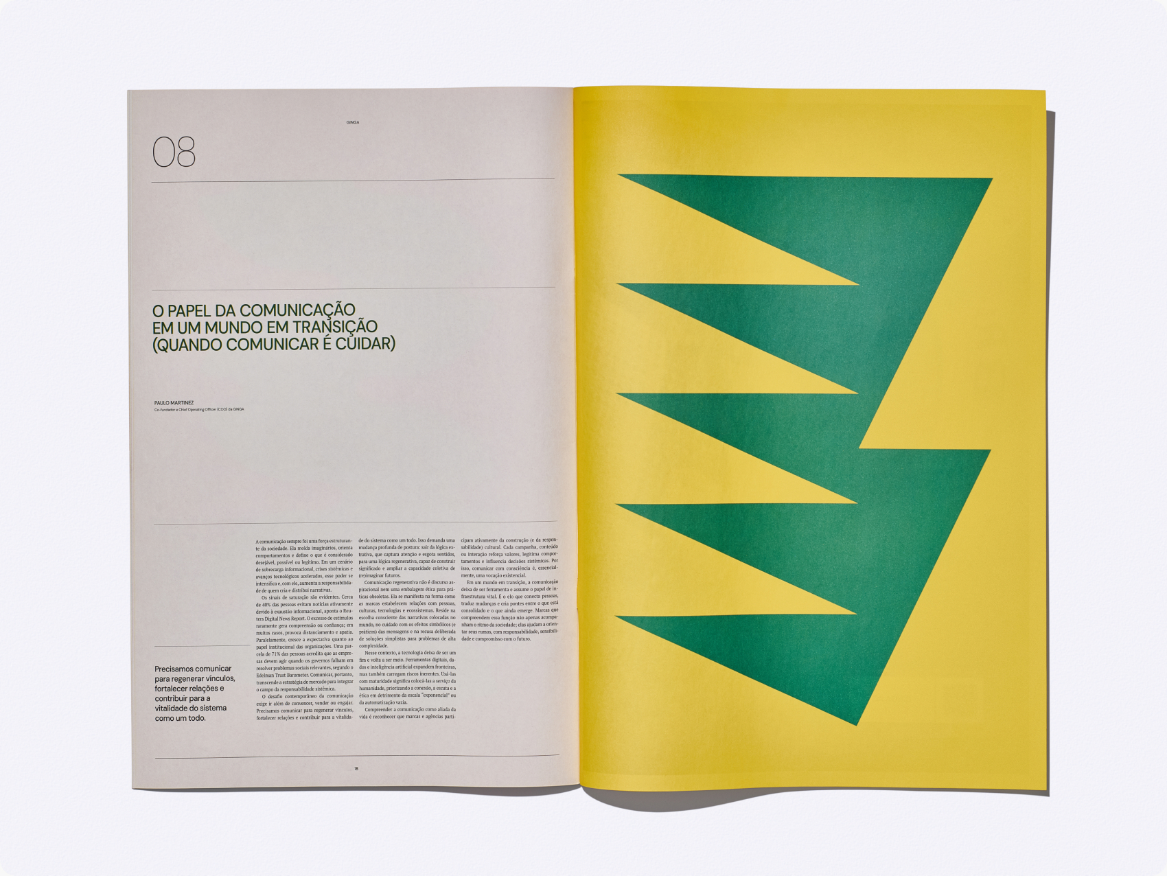 Páginas do GINGA Journal com forma verde em zigue-zague sobre amarelo