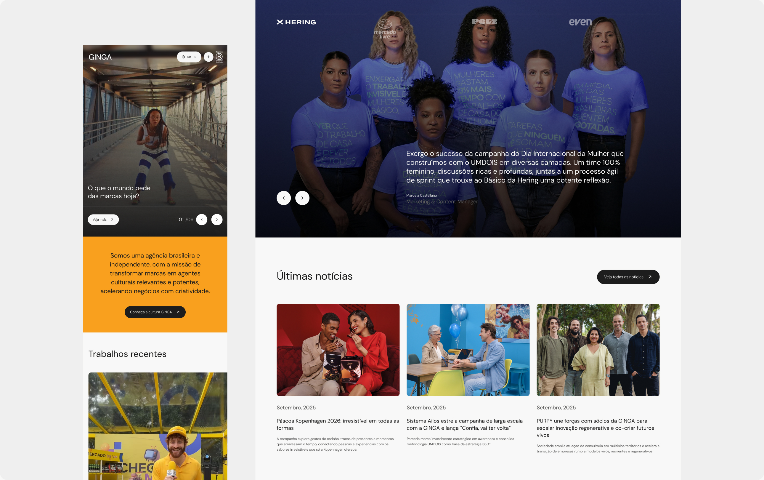 Telas do novo site da GINGA com fotos do time e cards de conteúdo