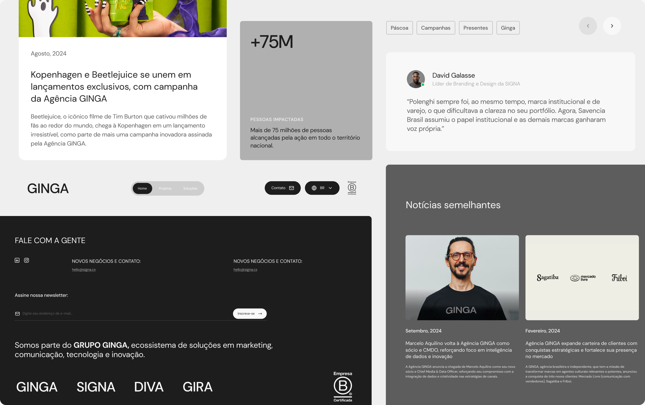 Telas do novo site da GINGA com destaques, números e as marcas do grupo