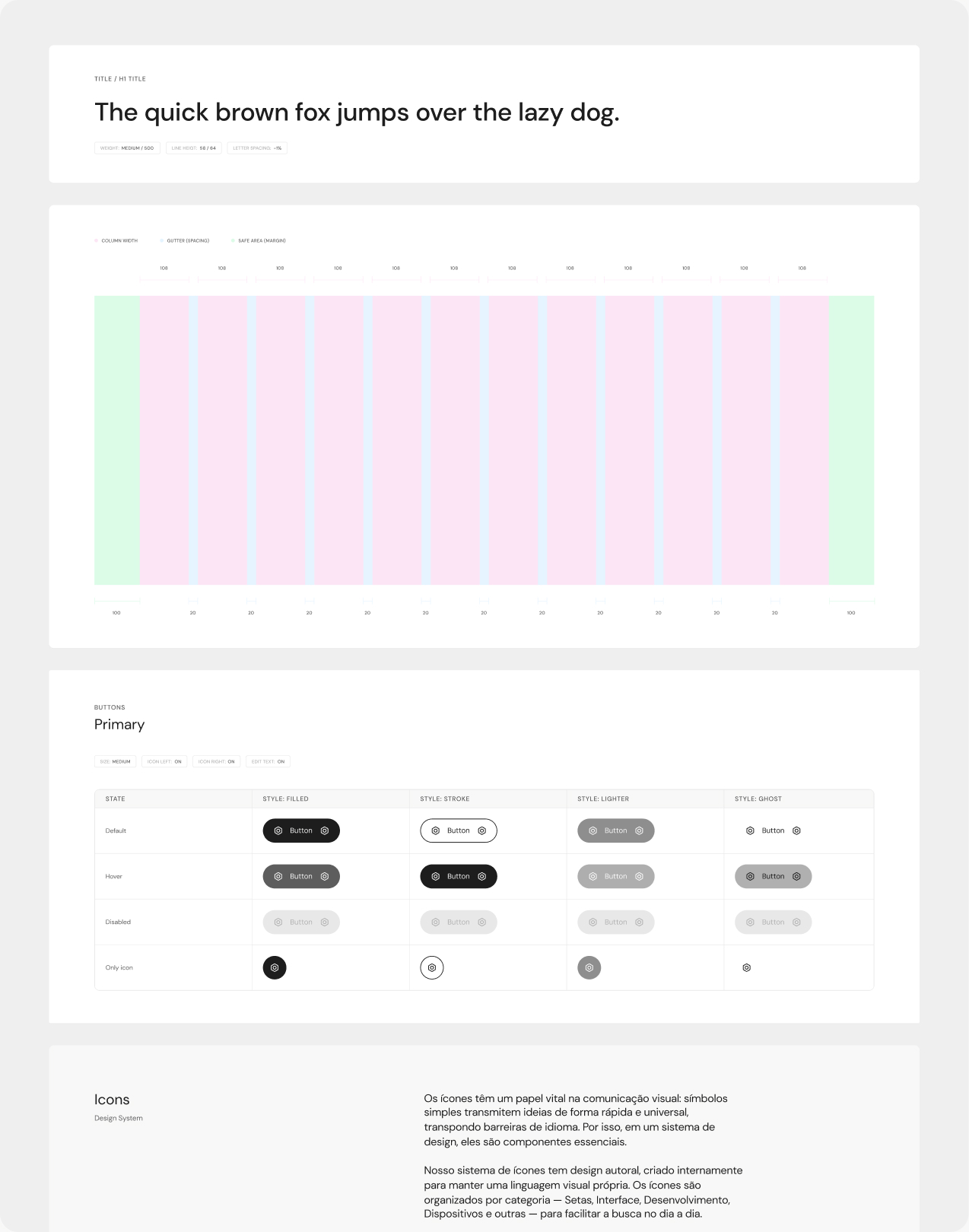 Documentação de tipografia e grid do design system do site GINGA