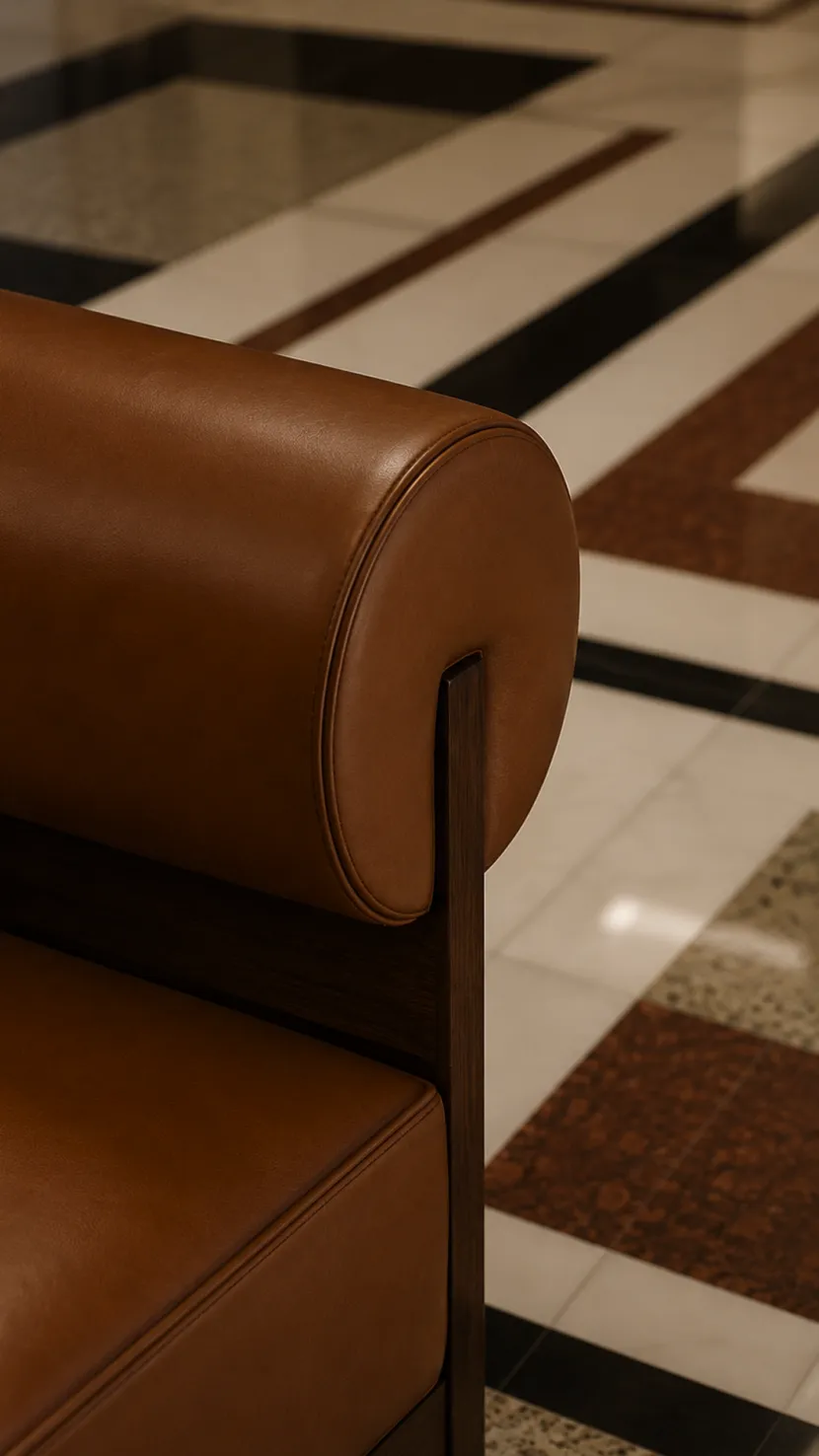 Poltrona de couro caramelo em piso de mármore