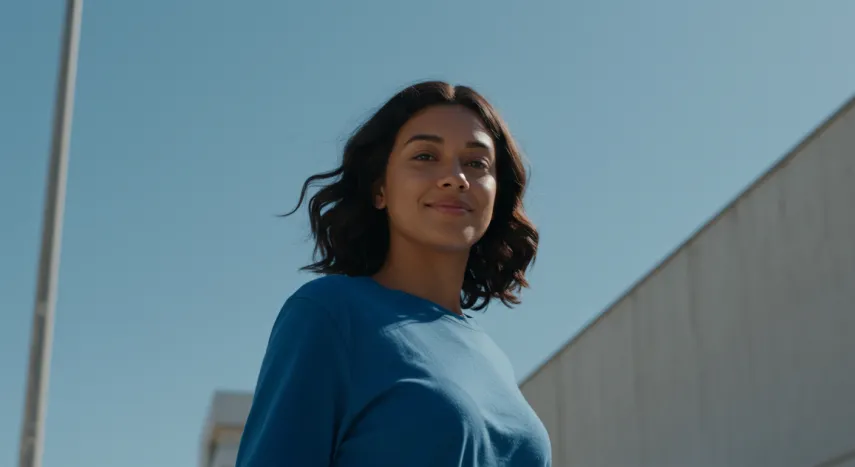 Mulher de blusa azul contra o céu