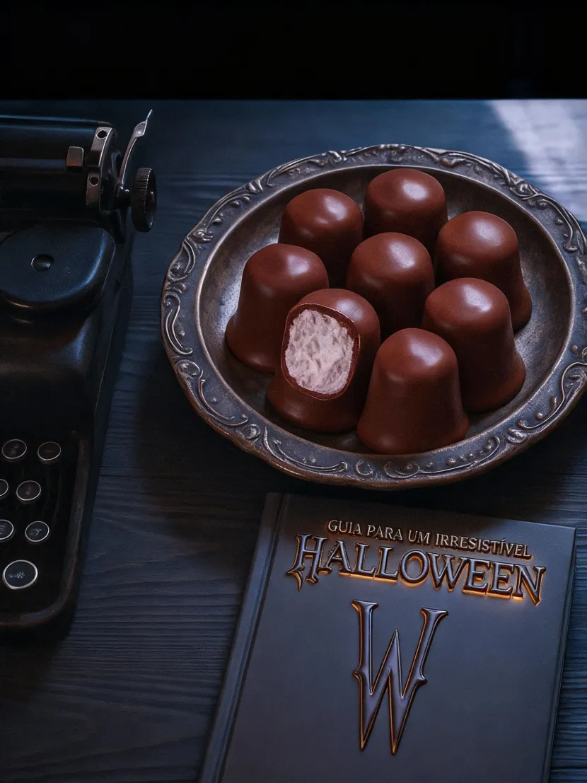 Bombons em bandeja de prata ao lado de uma máquina de escrever