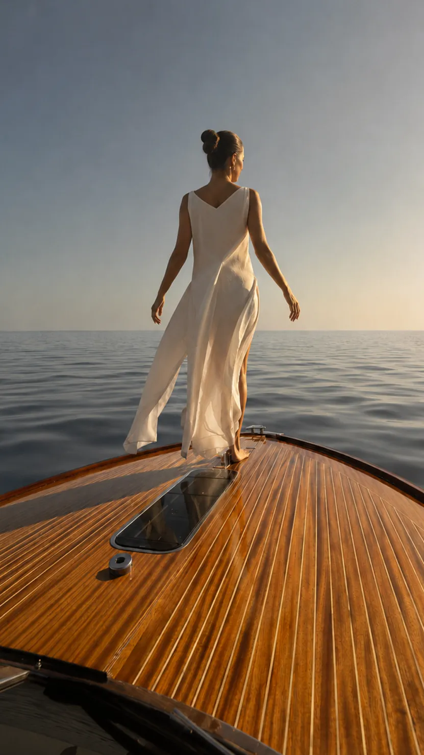 Mulher de vestido branco na proa de um barco de madeira