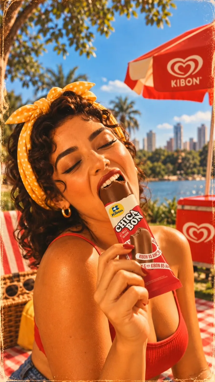 Mulher saboreando um picolé Kibon em dia de verão