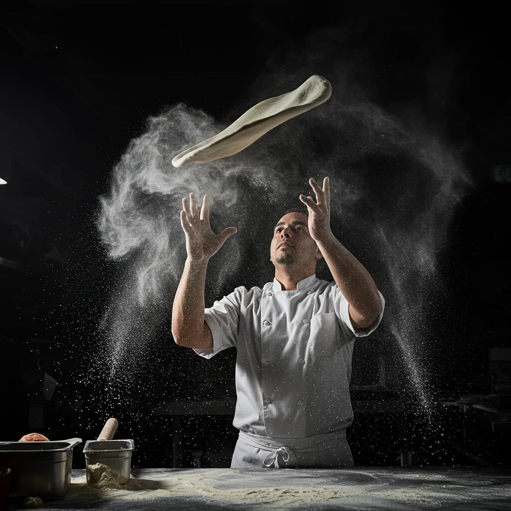 Pizzaiolo lançando massa sob luz de recorte