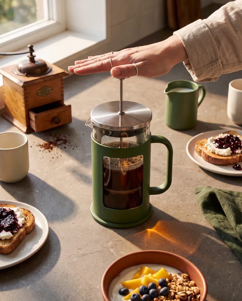 Mesa de café da manhã com prensa francesa