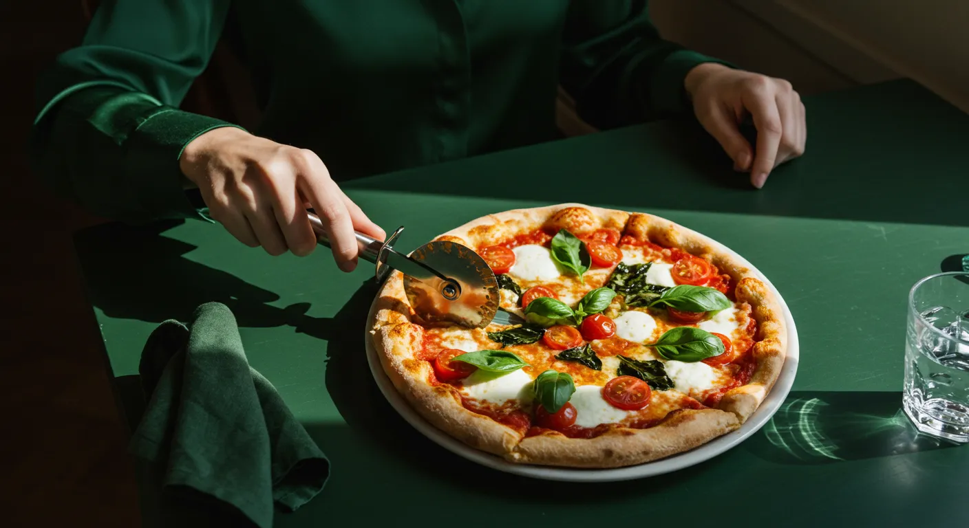 Pizza servida em mesa verde, vista de cima