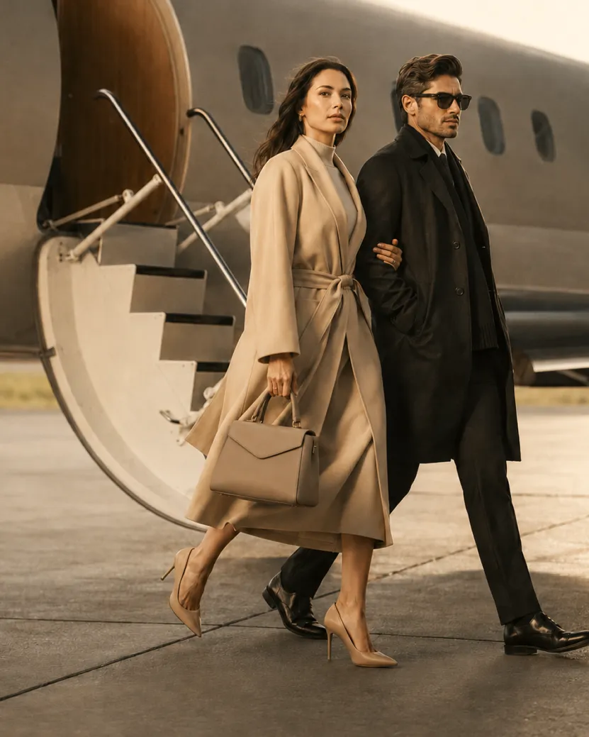 Casal elegante desembarcando de um jato particular