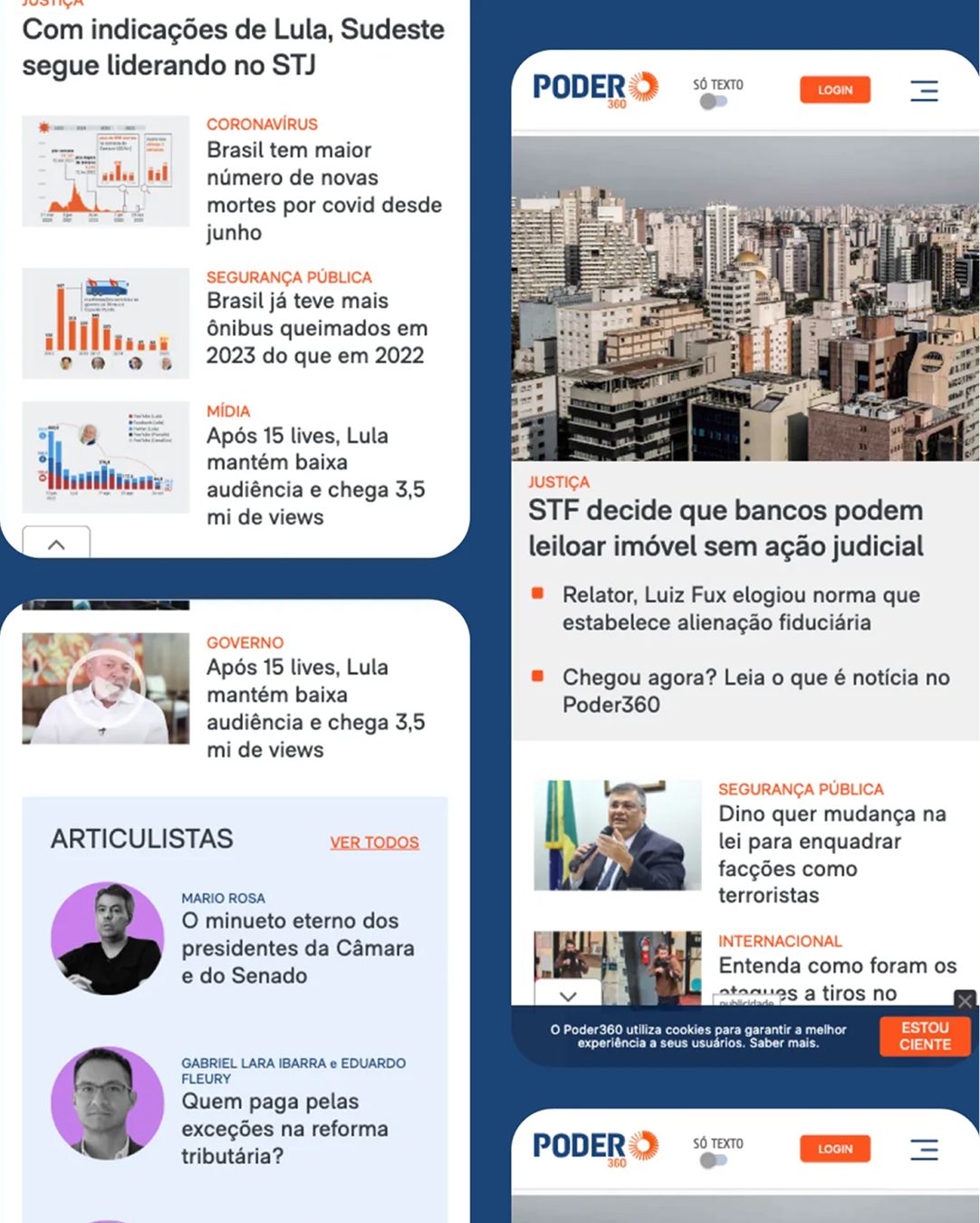 Telas do portal Poder360 com manchetes e editorias
