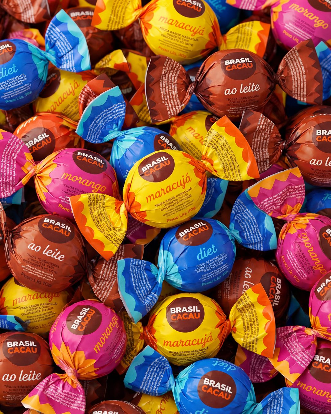 Bombons Brasil Cacau em embalagens coloridas