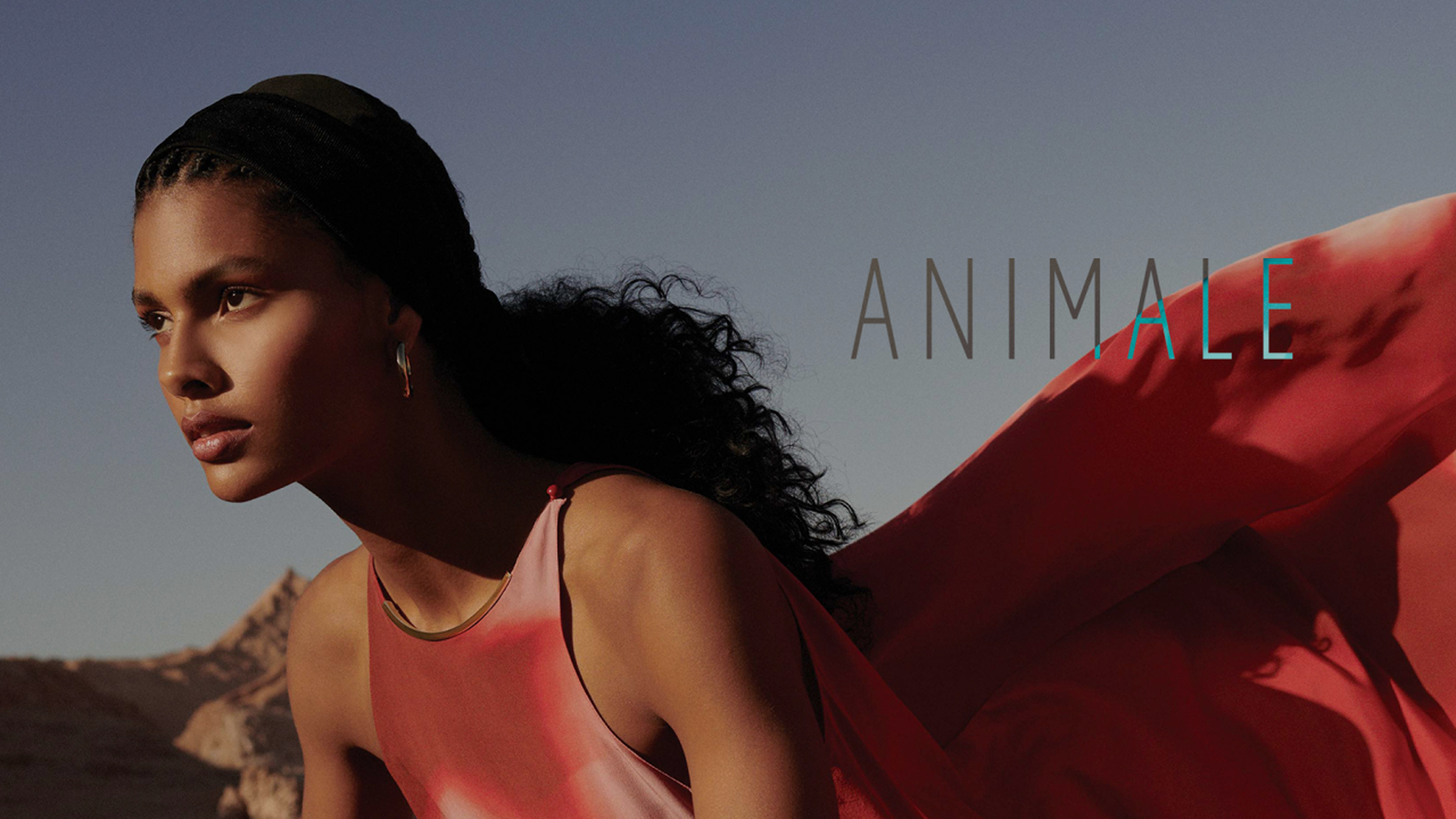 Modelo em vestido vermelho esvoaçante com a assinatura Animale