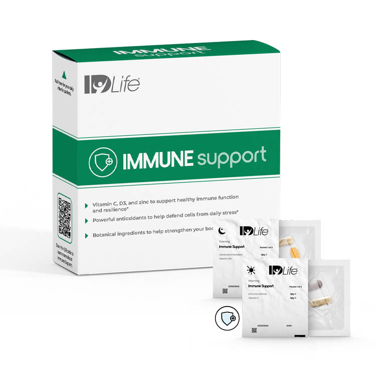 Immune Support box with the morning strip pack of Immune Defense and Vitamin C and the evening pack of Advanced Antioxidant and Vitamin D3+