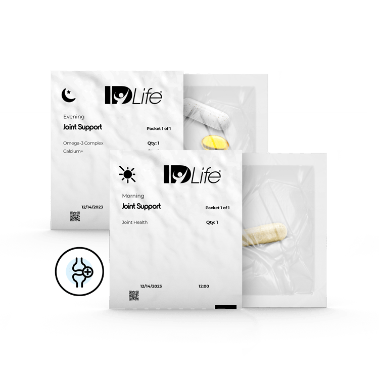 Joint Support morning strip pack of Joint Health and evening strip pack of Omega-3 Complex and Calcium+