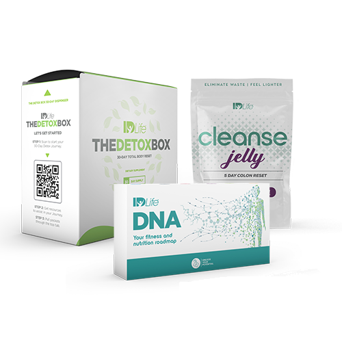 IDLife DNA + Detox Bundle pack shot: The Detox Box carton, a cleanse jelly 5 Day Colon Reset pouch and the DNA kit box