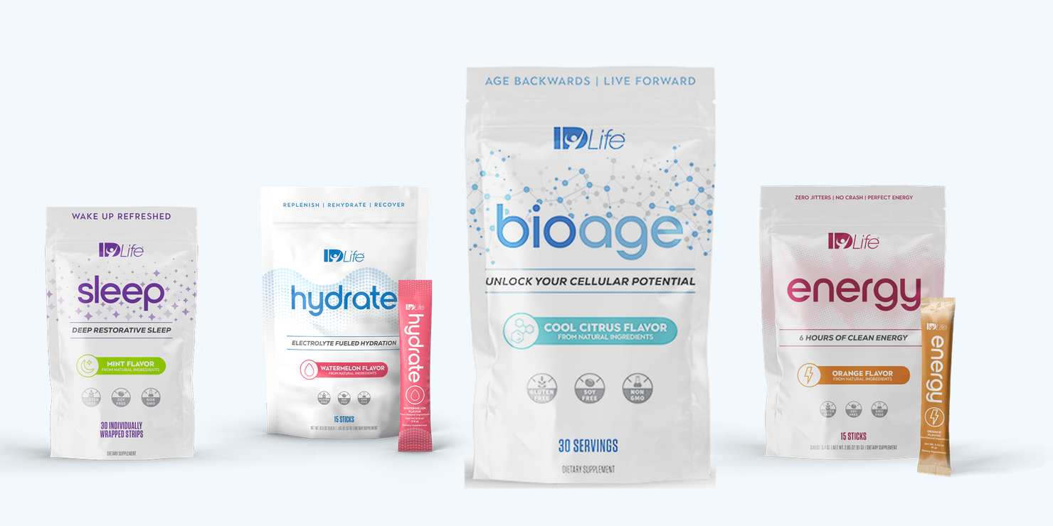 IDLife Hydrate, BioAge, Energy and Sleep product packs