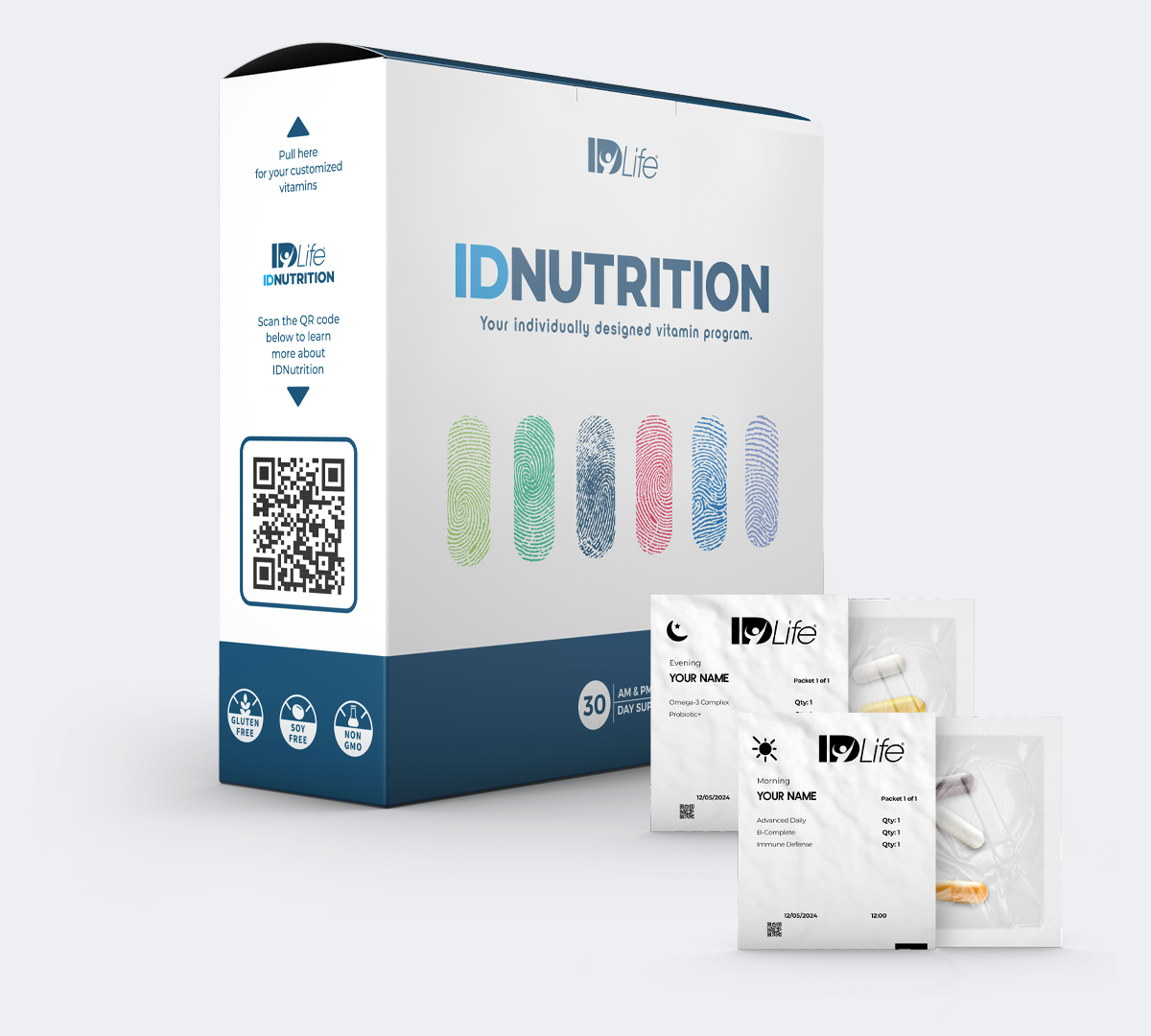 An IDNutrition 30 day box beside two personalized daily vitamin packets