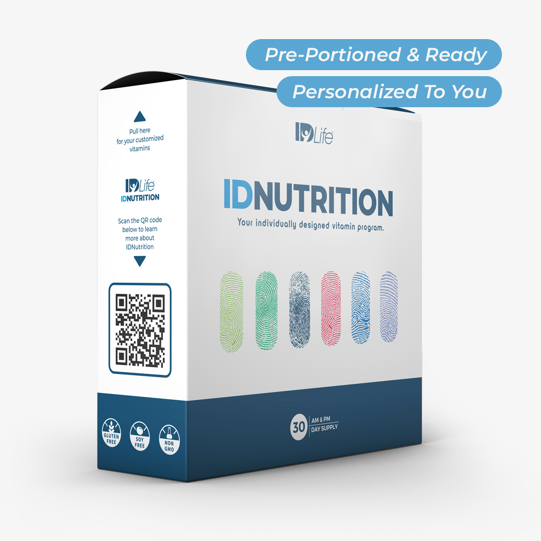 IDNutrition 30-day box beside two personalized morning and evening vitamin packets