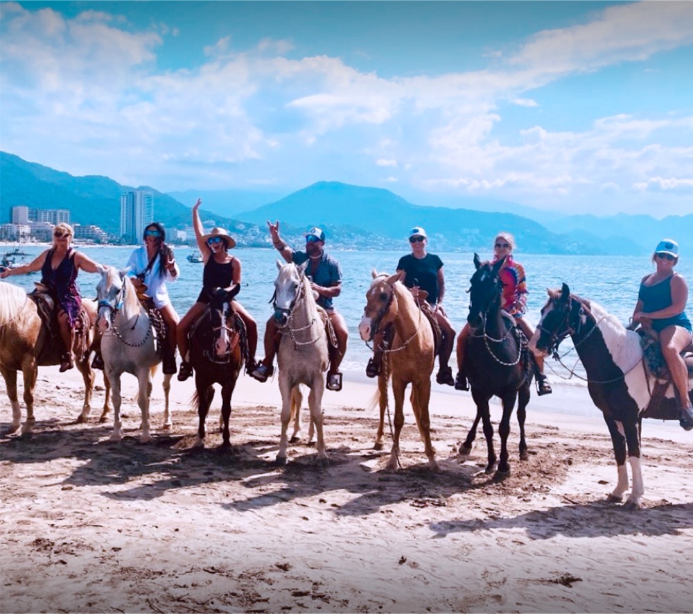 A group of IDLife Associates riding horses along a beach