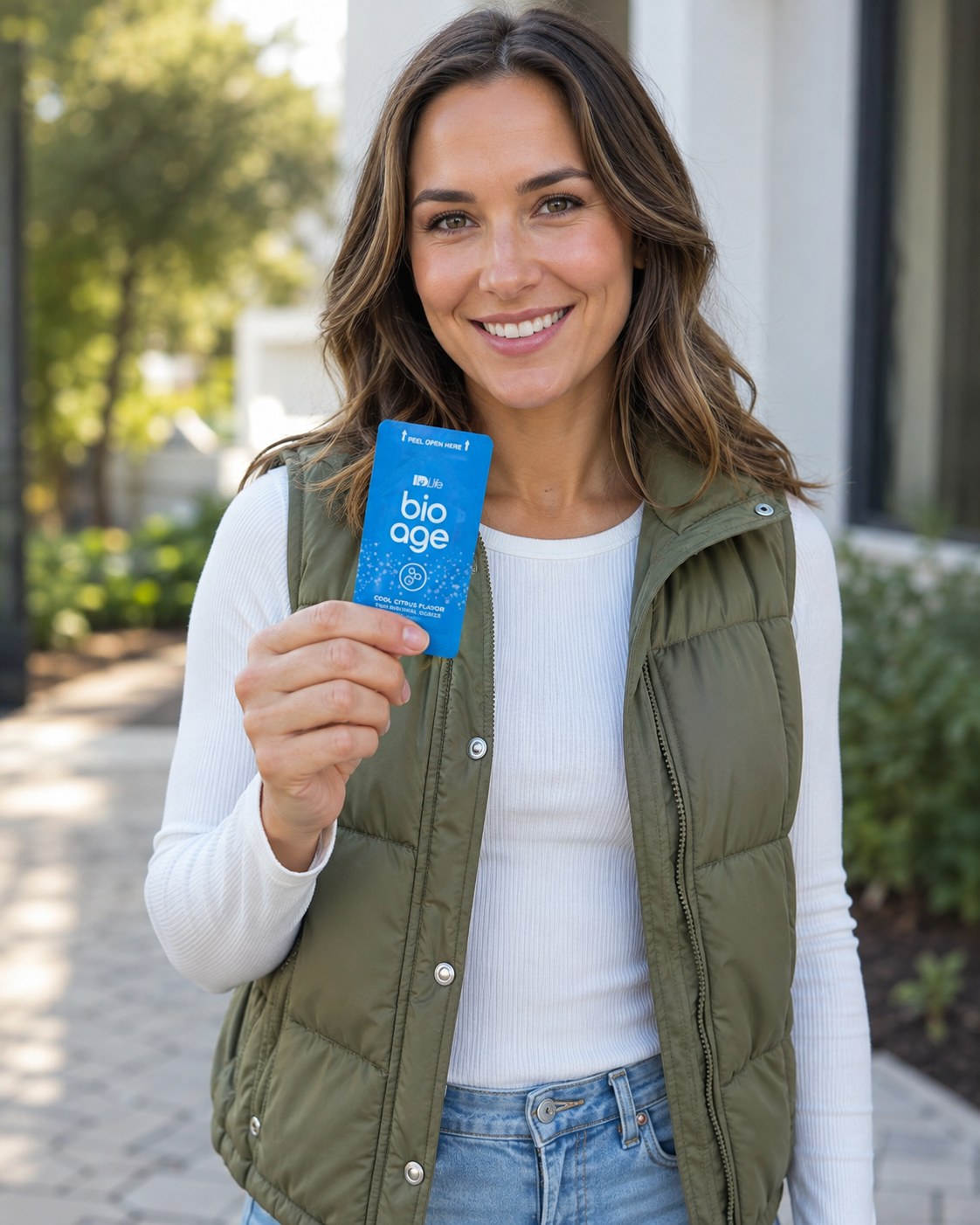 Woman holding a BioAge sachet outdoors.