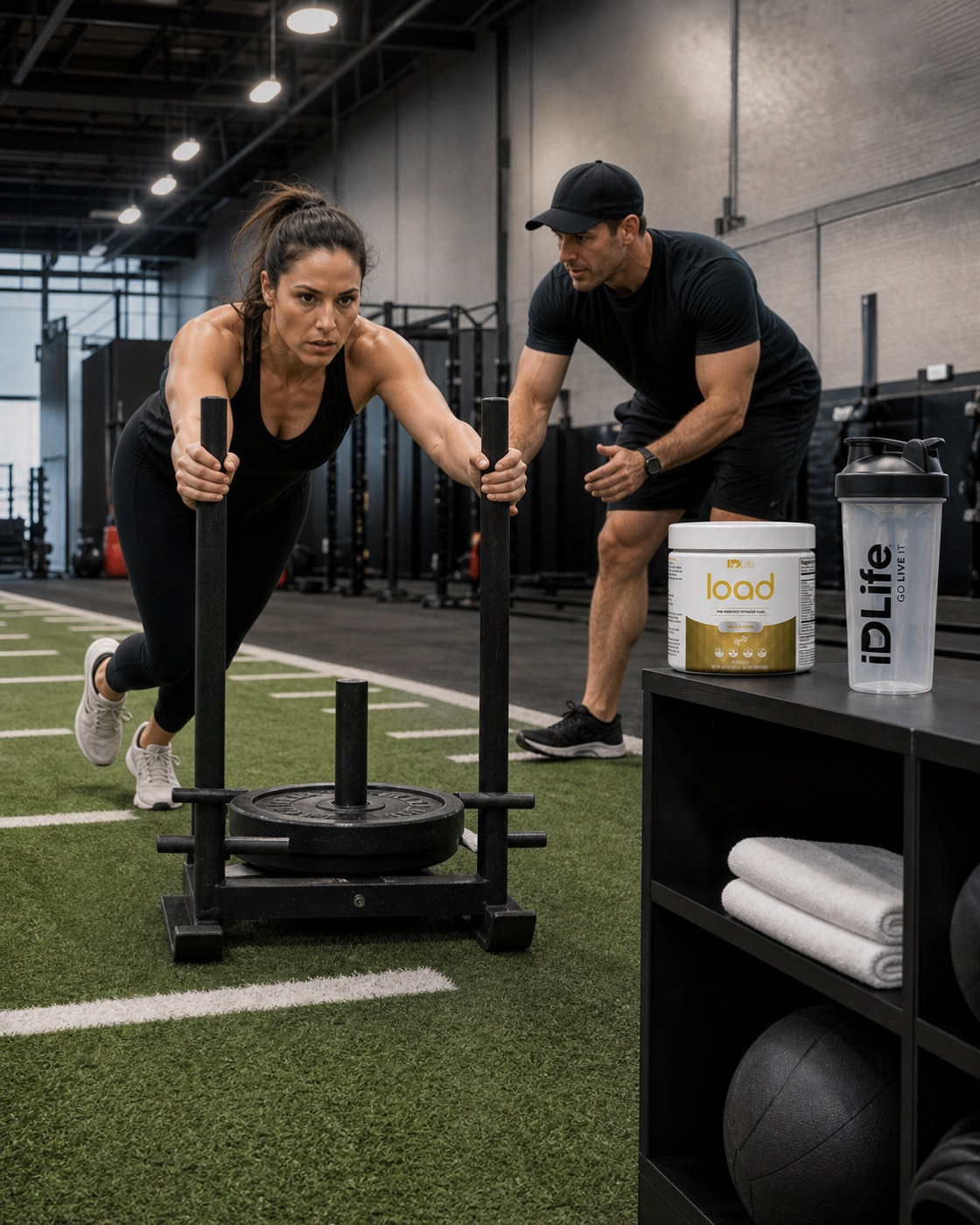 A woman pushing a weighted sled on turf while a coach watches, with a Load jar and an IDLife shaker on the shelf beside them