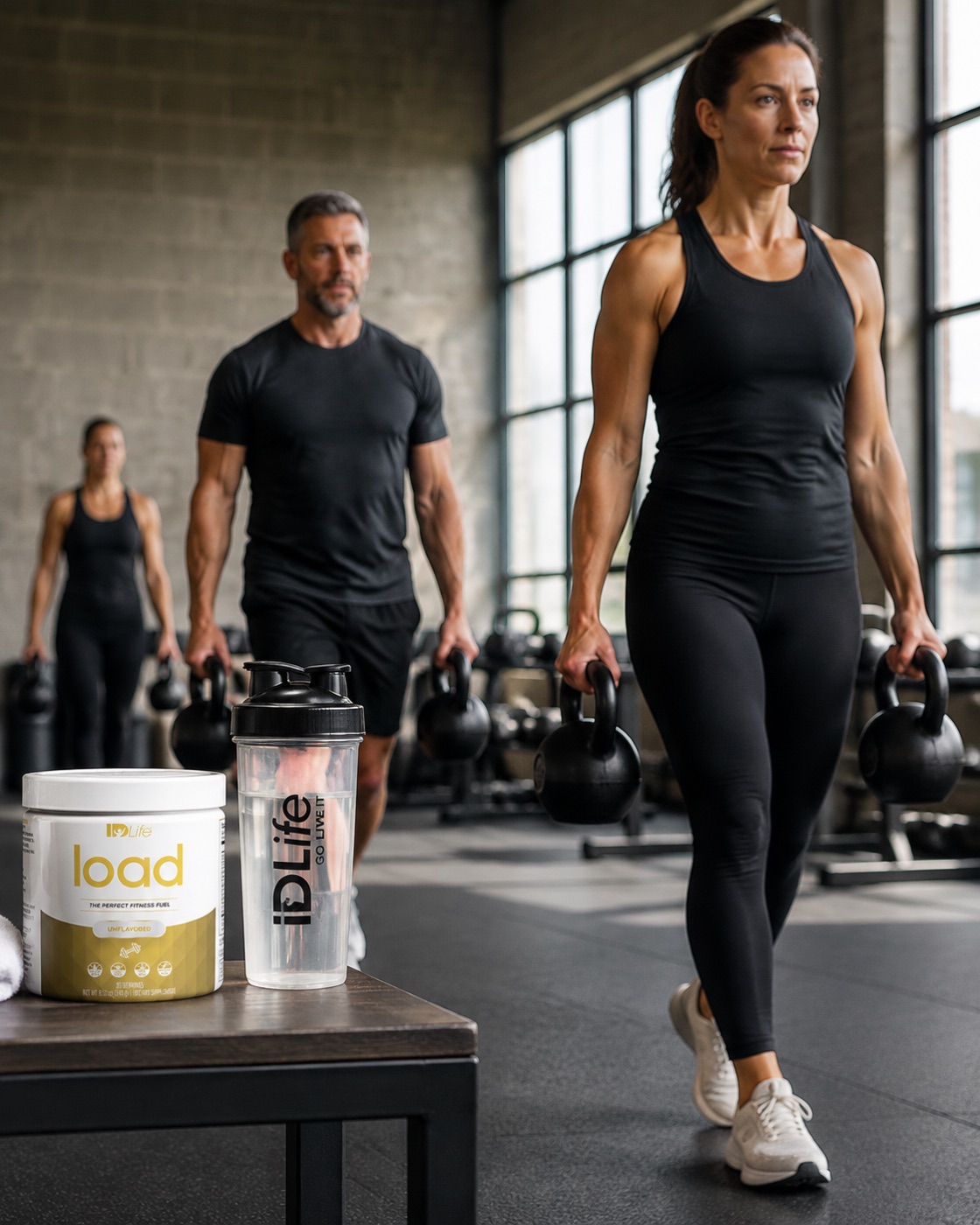 Three people carrying kettlebells across a gym, with a Load jar and an IDLife shaker on a table in front