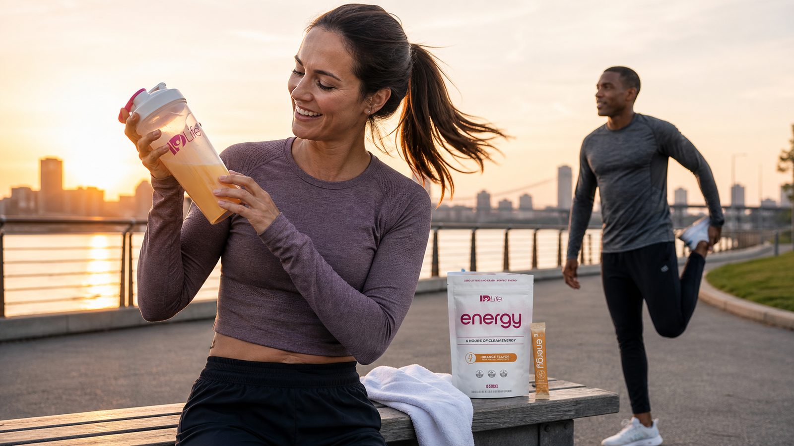 A woman on a riverside bench at sunrise looking at an IDLife shaker of orange Energy, with an Orange Energy bag and stick beside her and a runner stretching behind