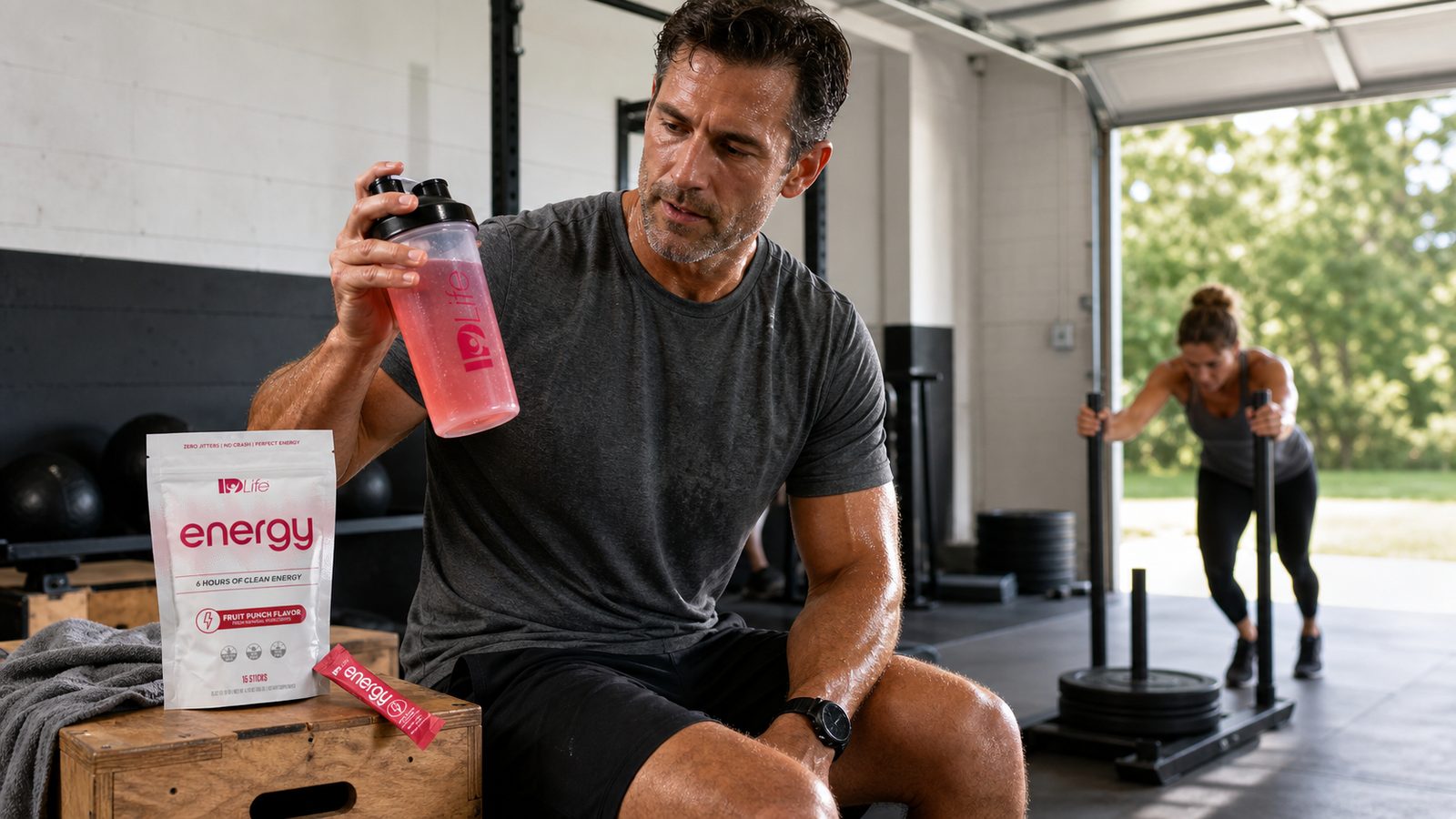 A man on a plyo box in a garage gym looking at a shaker of pink Energy, with a Fruit Punch bag and stick beside him and a woman pushing a sled outside
