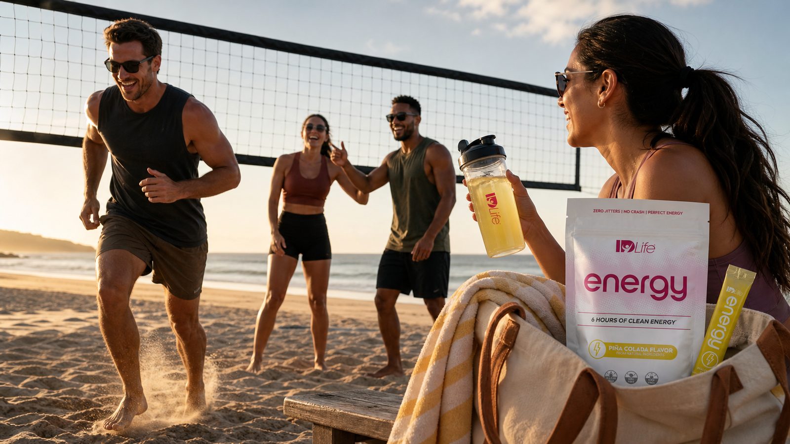 Friends playing beach volleyball at golden hour while a woman on the sideline holds a shaker of Energy, with a Pina Colada bag and stick in her beach bag