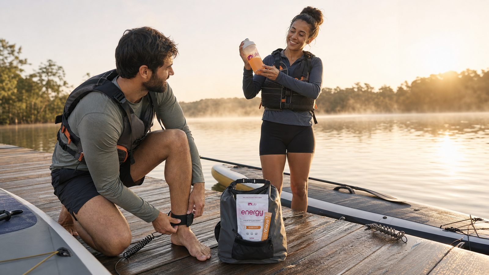 Two paddleboarders on a misty lake dock at sunrise, one holding up a shaker of orange Energy, with an Orange Energy bag and stick in a dry bag between them