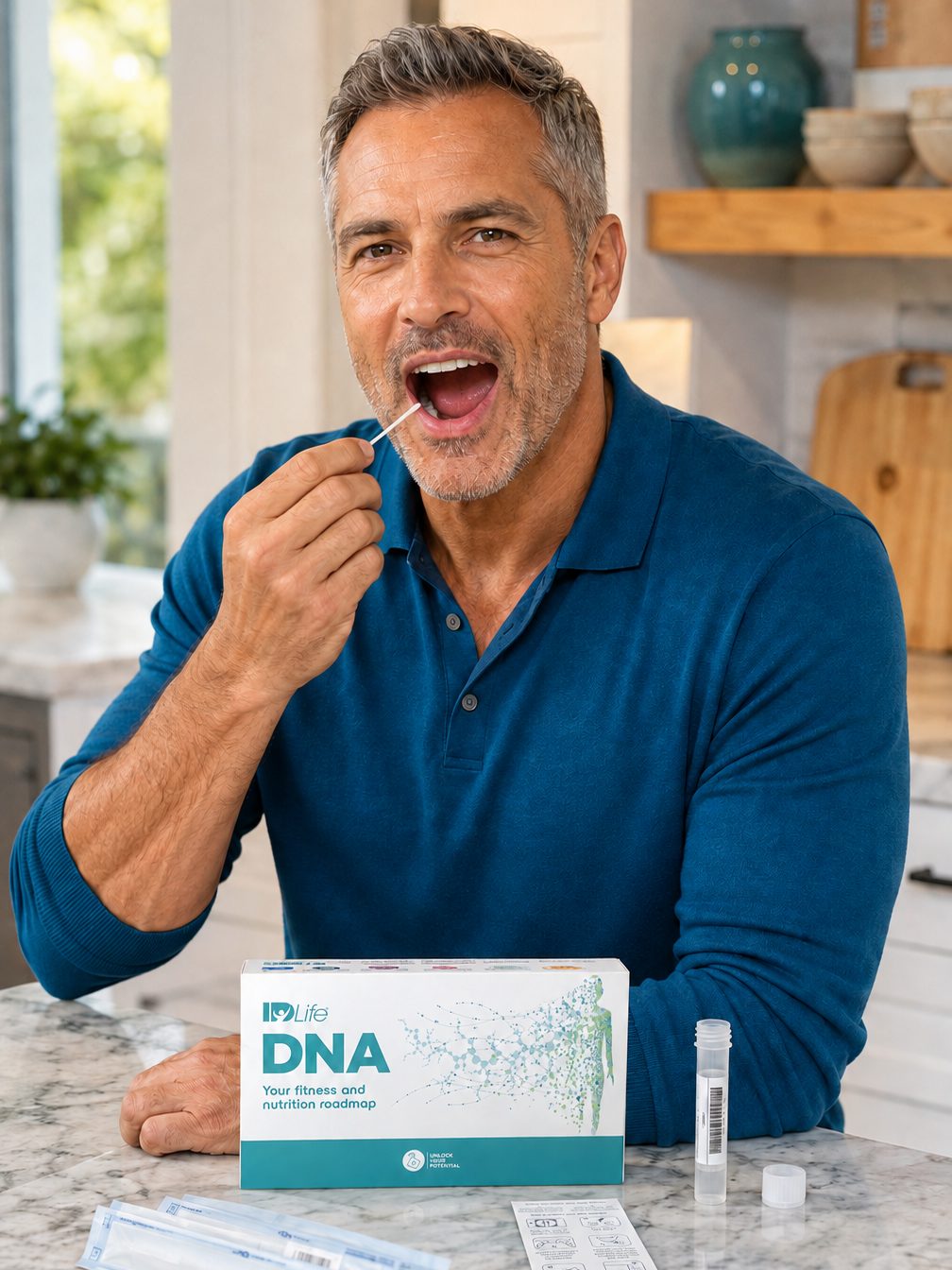 A man collecting his own DNA sample with a cheek swab at his kitchen counter, the kit and collection vial in front of him
