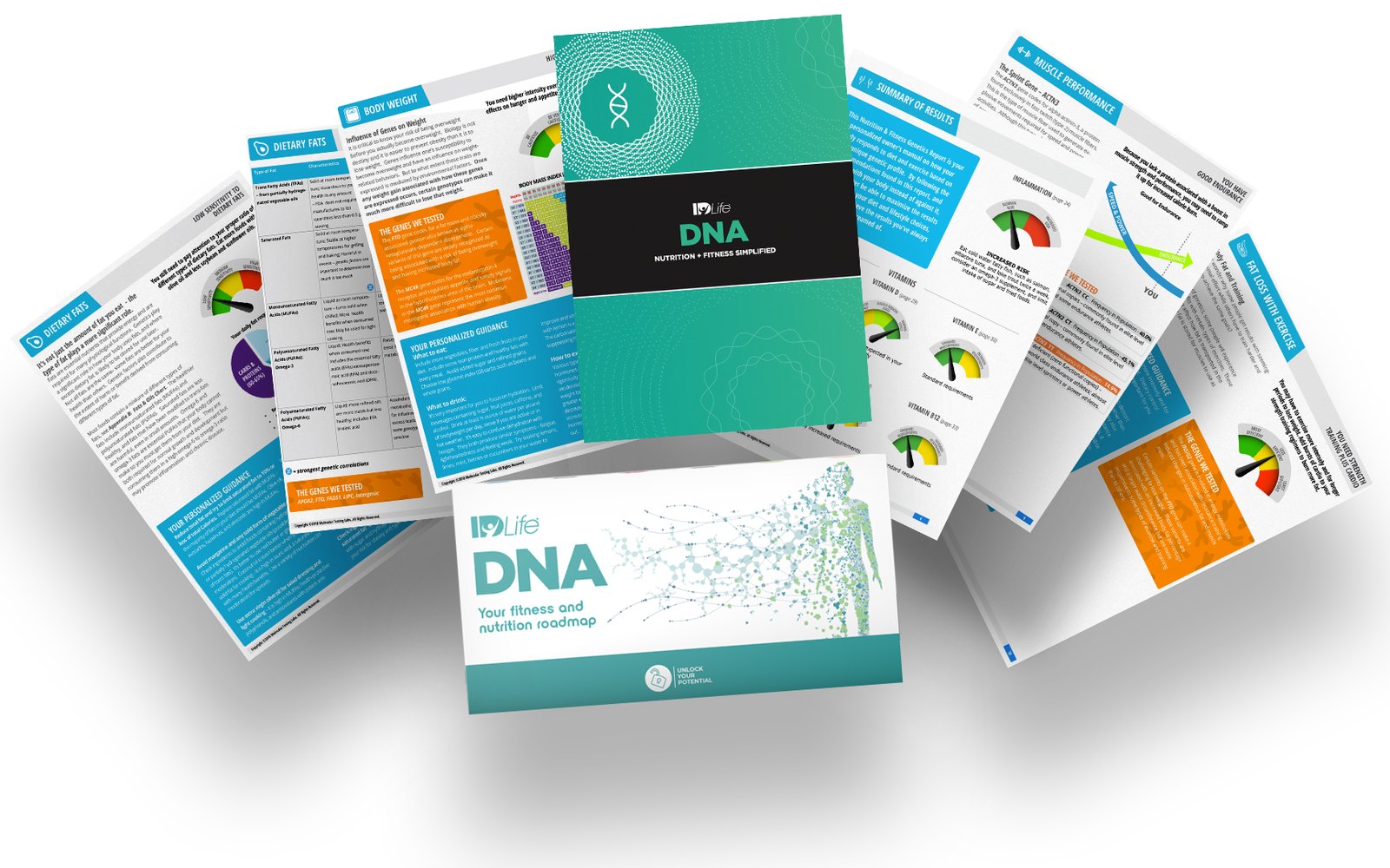 The Nutrition and Fitness Genetics Report pages fanned out behind the IDLife DNA kit box