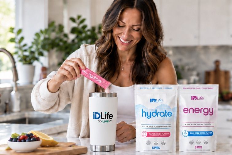 A VIP member mixing IDLife Hydrate into a tumbler in her kitchen