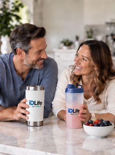 Two VIP members sharing IDLife shakes at a kitchen island