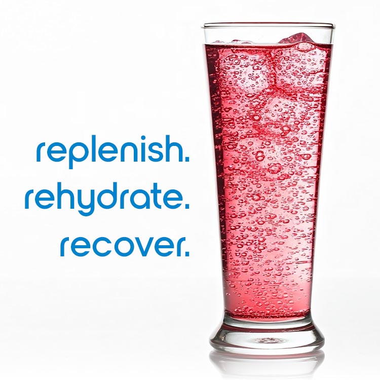A glass of red Hydrate splashing, printed with replenish, rehydrate, recover