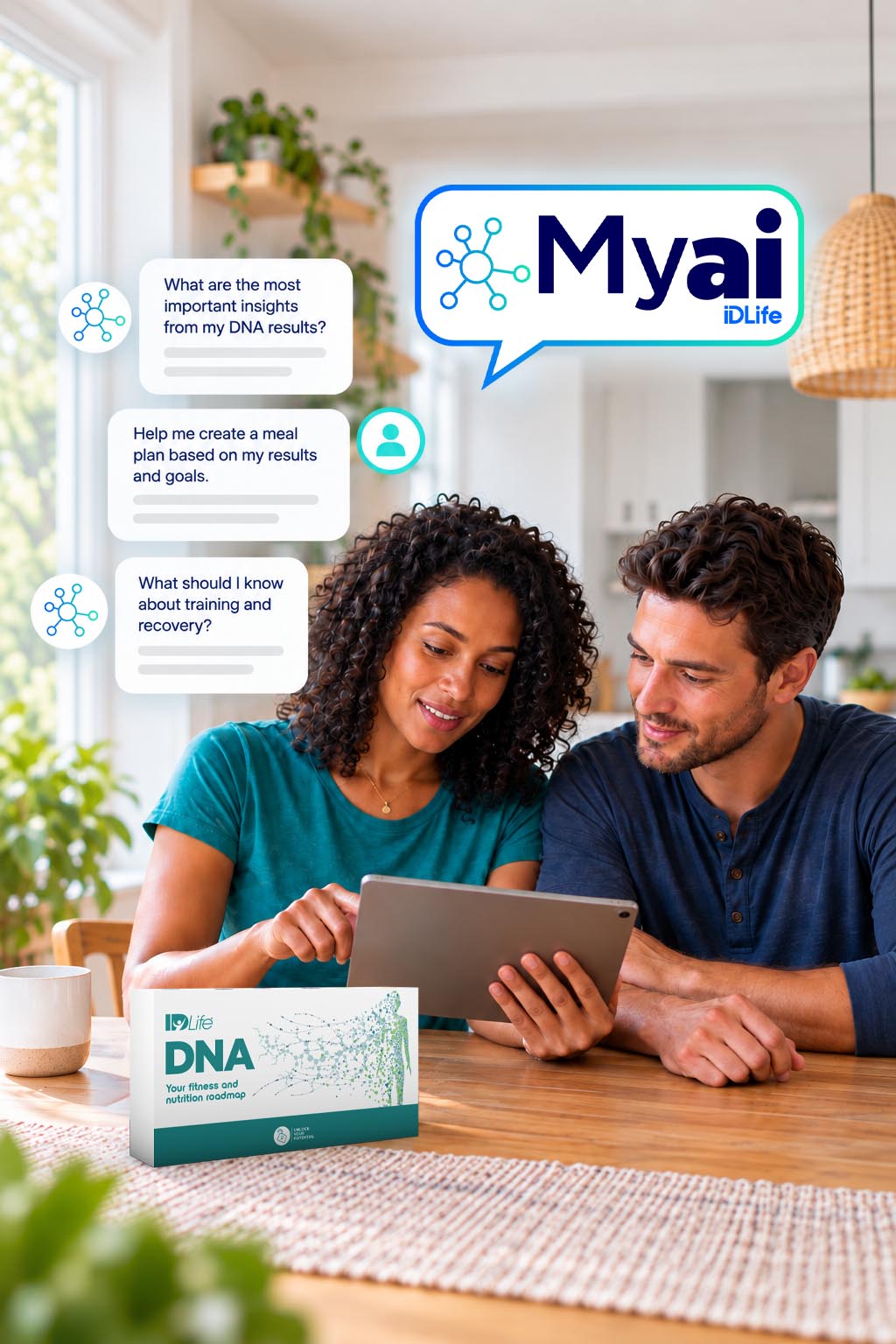 A couple looking at their DNA results with the MyAI coach on a tablet, an IDLife DNA kit on the table