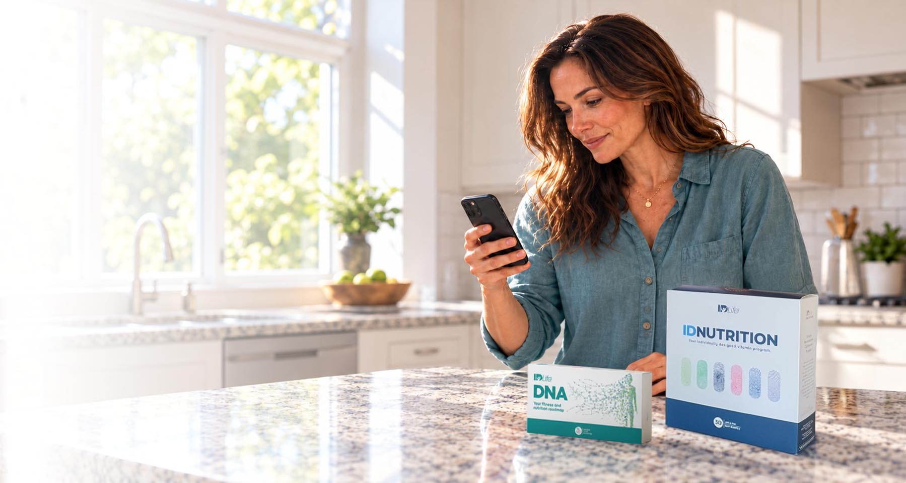 Woman in a sunny kitchen smiling at her phone, with IDLife DNA and IDNutrition boxes on the counter