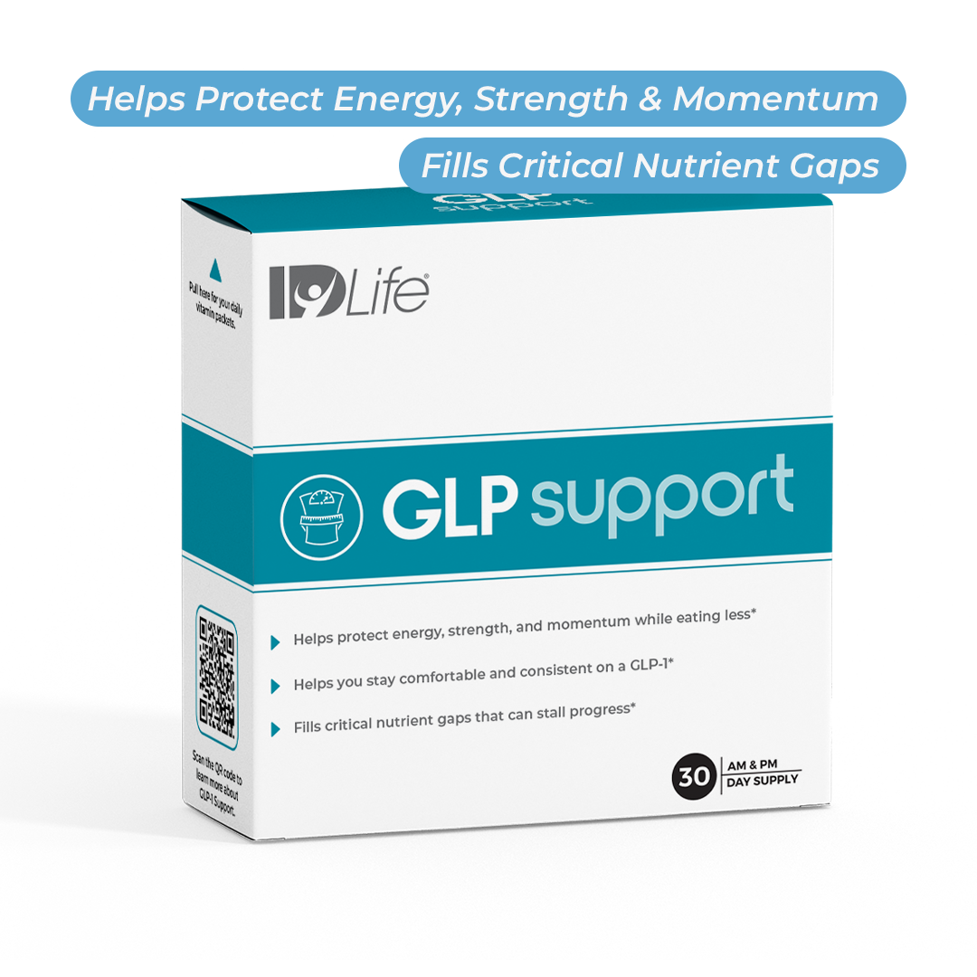 IDLife GLP Support box with its morning and evening daily vitamin packets