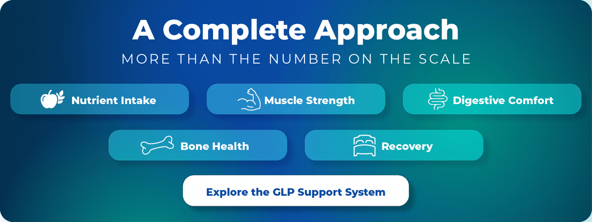A complete approach: more than the number on the scale. Nutrient intake, muscle strength, digestive comfort, bone health, recovery.