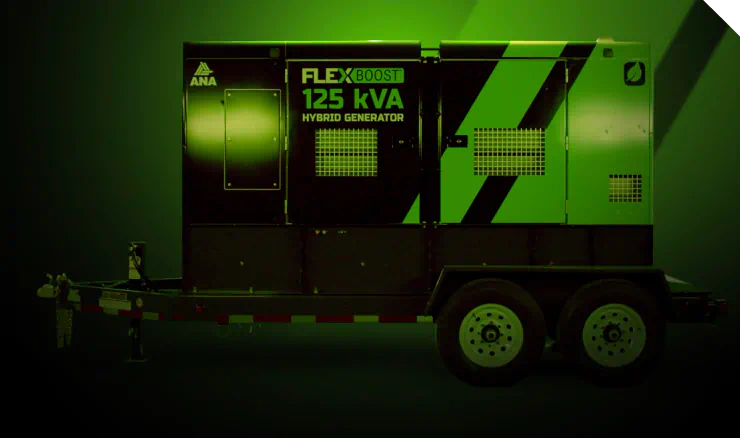 FLEXBOOST 125 kVA hybrid generator trailer with black and green design under green lighting.