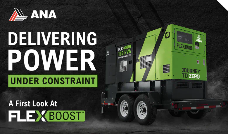 ANA FlexBoost 125 KVA hybrid generator trailer with text delivering power under constraint.