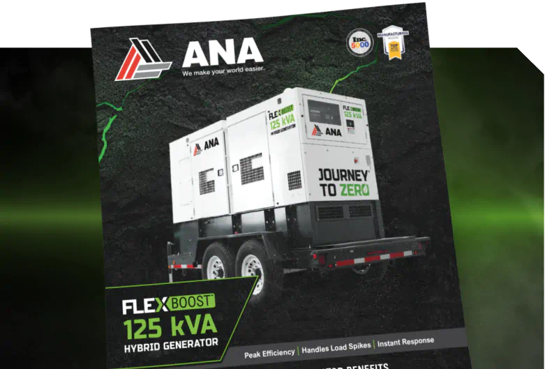 ANA FlexBoost 125 kVA hybrid generator trailer with slogan Journey to Zero on dark textured background.